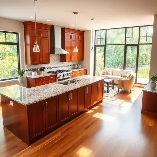 Modern kitchen remodel in Fleming Island FL with granite counters, stainless steel appliances, and hardwood floors.