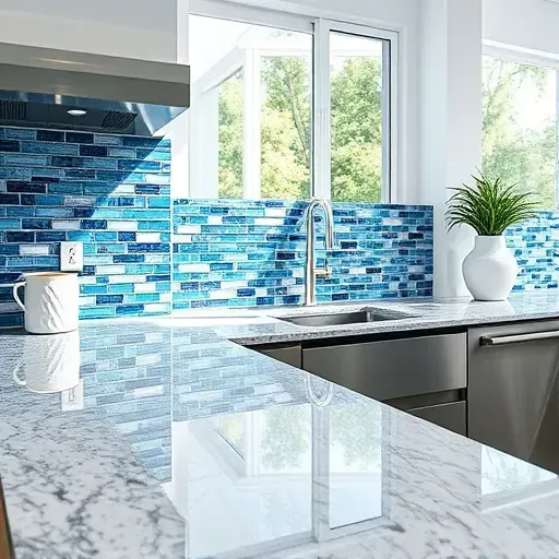 Finished blue and white patterned tile backsplash in a modern Jacksonville kitchen with polished granite countertops stainless steel appliances and daylight