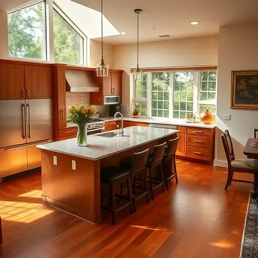 Modern kitchen in Elkton FL featuring high-end appliances, granite countertops, and elegant cabinetry with natural light.
