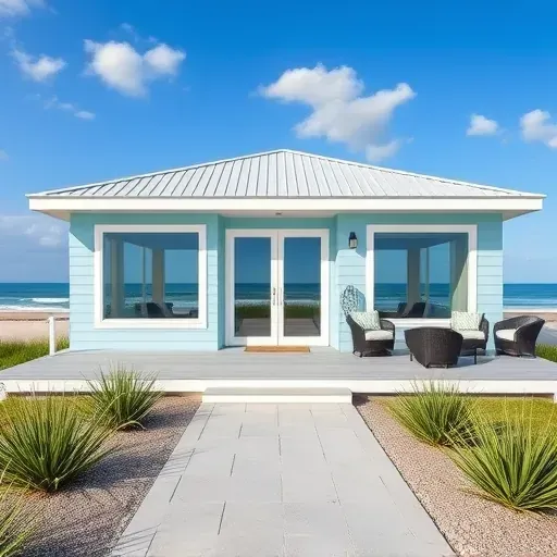 Completed home remodel in Vilano Beach, FL, features light blue facade, white trim, panoramic windows, and lush coastal plants.