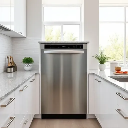 Completed stainless steel dishwasher installation in a modern Jacksonville kitchen with granite countertops and white cabinets