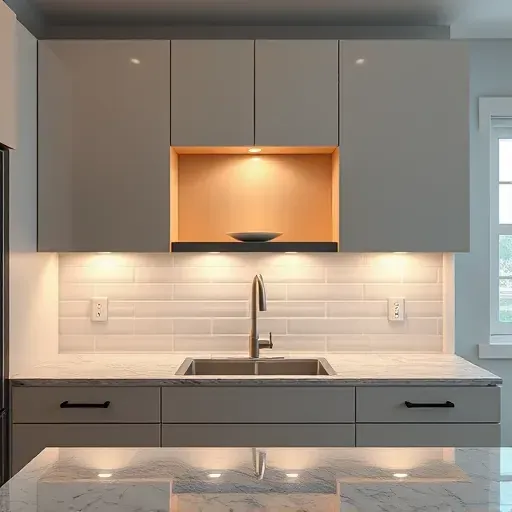 Completed under cabinet LED lighting installation in a modern Jacksonville kitchen with sleek cabinetry granite countertops and subway tile backsplash