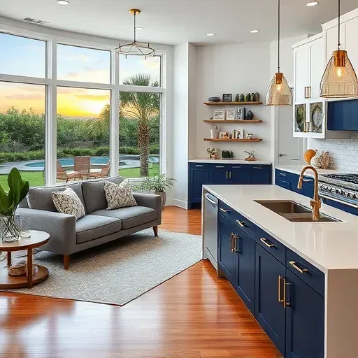 Modern kitchen and cozy living room in a Fernandina Beach home remodel with white and navy colors, and outdoor patio view.