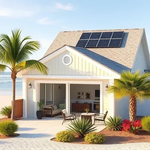 Completed home remodel in St. Augustine Beach showcasing modern coastal design with tropical landscaping.