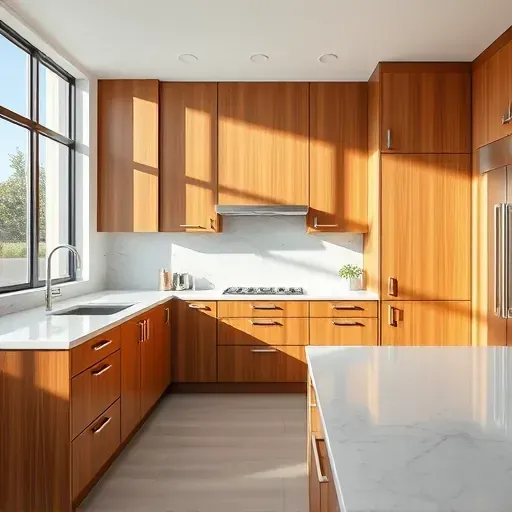 Meticulously finished wooden kitchen cabinets in Jacksonville Florida with polished surfaces and natural daylight highlights