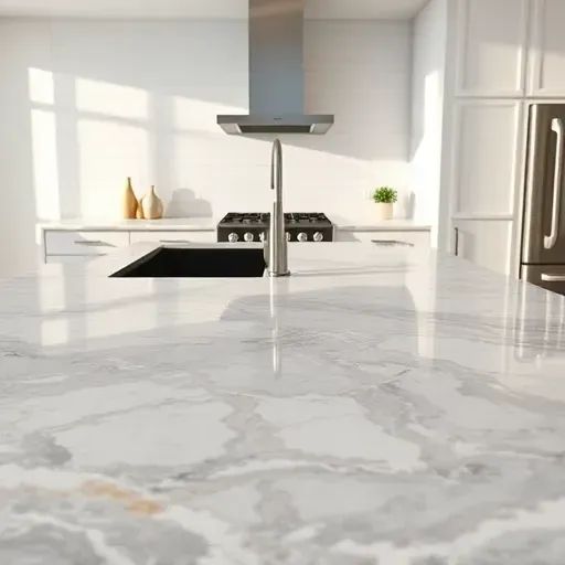 Modern Jacksonville kitchen with polished granite countertops boasting gray white and gold veining in a sleek design