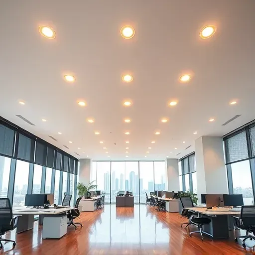 Completed recessed LED lighting in modern Jacksonville office with sleek fixtures, polished hardwood floors, and city skyline view