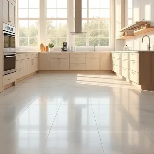 Freshly installed sleek ceramic kitchen flooring in Jacksonville with modern patterns, natural light, and coastal design accents