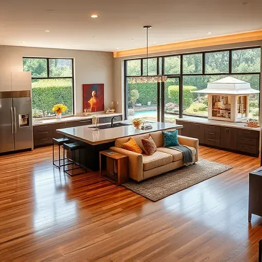 Modern open-concept living space in Asbury Lake, FL featuring hardwood floors, stylish kitchen, and large windows.