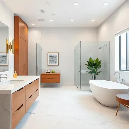 Completed Jacksonville bathroom with marble countertops glass shower soaking tub modern fixtures neutral tones polished tiles elegant minimalist cabinetry green accents
