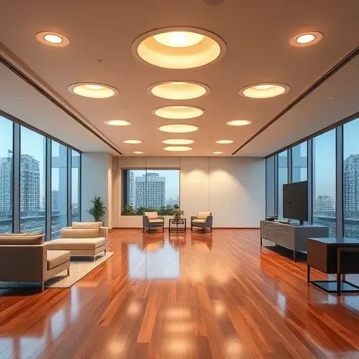 Completed recessed lighting in a modern Jacksonville commercial interior with sleek circular fixtures and polished decor