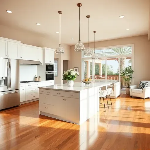 Renovated kitchen in Elkton FL with quartz island, modern appliances, and natural light, leading to stylish dining and living areas.