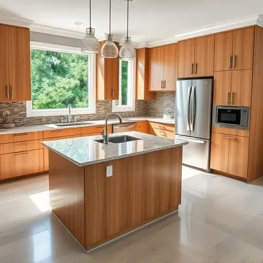 Freshly remodeled Jacksonville kitchen with modern oak cabinetry, granite countertops, and elegant pendant lighting.