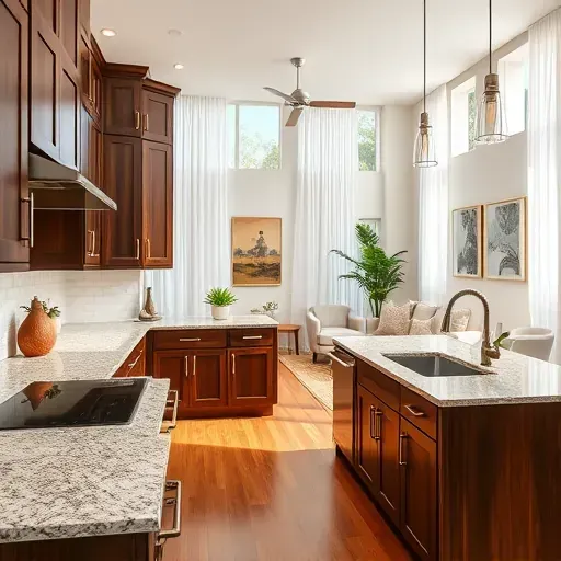 Renovated Lakeside FL kitchen with granite countertops, wooden cabinets, subway tile backsplash, and hardwood floors.