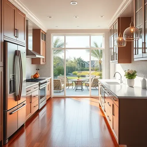 Modern kitchen in Asbury Lake FL with high-end appliances, marble countertop, and inviting natural light.