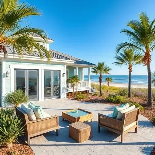 Remodeled home in Amelia Island with light blue exterior, inviting patio, and tropical landscaping by the beach.
