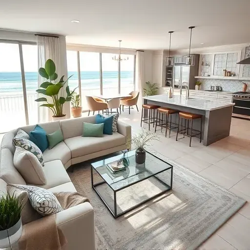Spacious living area in Fernandina Beach remodeling project featuring stylish furniture, modern decor, and beach views.