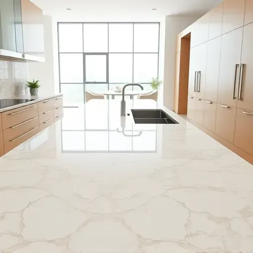 Pristine quartz kitchen countertop with intricate veining, sleek cabinetry, natural light, and modern elegant decor