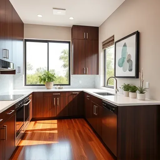 Modern Palm Valley kitchen remodel showcasing dark wood cabinets, white marble countertops, stainless steel appliances, and art.