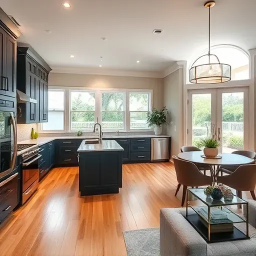 Modern kitchen remodel in Doctors Inlet FL features navy blue cabinets, quartz countertops, and natural wood flooring.