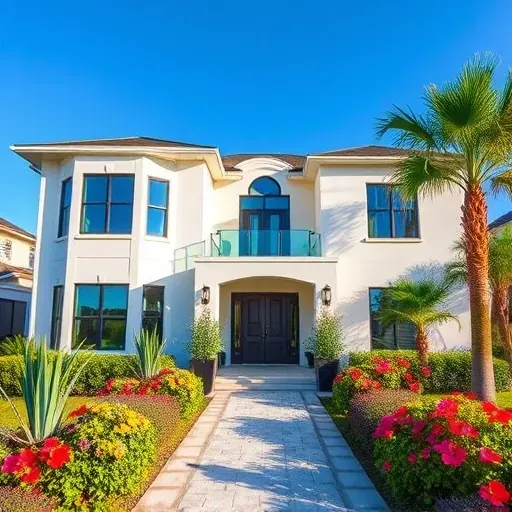 Contemporary remodeled home in St. Augustine, FL with white paint, blue accents, and vibrant landscaping.