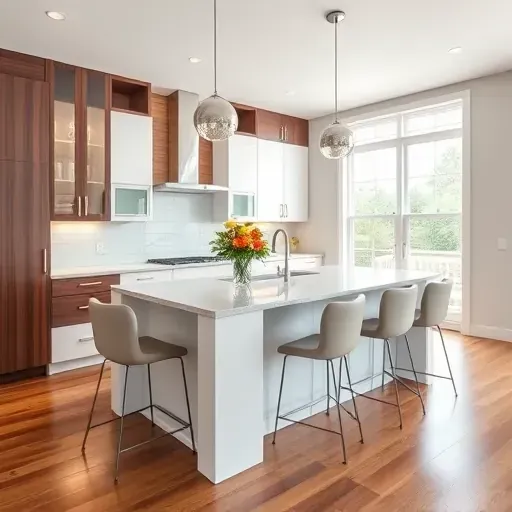 Modern kitchen remodel in Fruit Cove FL with sleek white cabinetry, dark wood accents, and polished granite island.