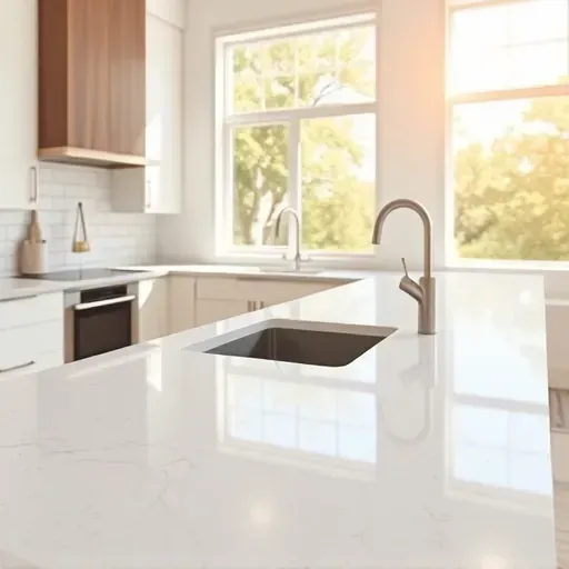 Modern Jacksonville kitchen with polished quartz countertop, stainless steel appliances, light-colored cabinetry, and natural sunlight.