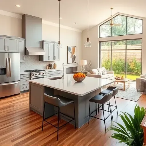 Modern kitchen remodel in Nocatee FL with quartz island, elegant cabinetry, and inviting garden view.
