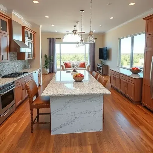 Modern kitchen in Yulee FL featuring granite countertops, stainless steel appliances, island with bar stools and natural light.
