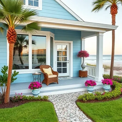 Renovated coastal home in St. Augustine Beach, FL with light blue paint, palm trees, and tropical landscaping.