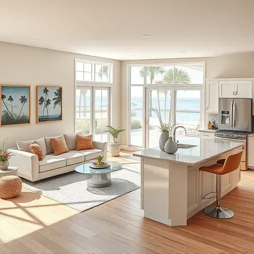 Contemporary living room in Mayport FL with elegant kitchen, plush sofa, and serene coastal views through large windows.