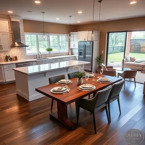 Modern kitchen remodel in Hastings FL features quartz countertops, hardwood floors, and ambient lighting with outdoor views.