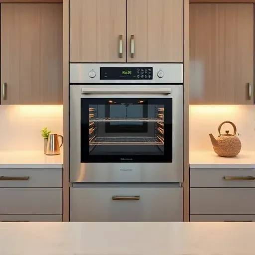 Modern kitchen with built-in stainless steel oven, sleek cabinetry, marble countertops, and warm ambient lighting.
