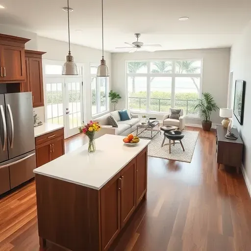 Modern Ponte Vedra Beach kitchen with sleek appliances, quartz island, elegant decor, and bright living area views.