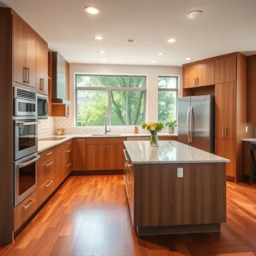 Renovated Jacksonville kitchen features modern handleless cabinetry, granite island, stainless steel appliances, and natural lighting.
