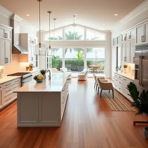 Modern Jacksonville Beach kitchen with white cabinetry, quartz countertops, and stainless steel appliances in a bright space.