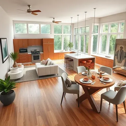 Modern living space in Callahan, FL, with wooden flooring, stylish furnishings, large windows, and a serene outdoor view.