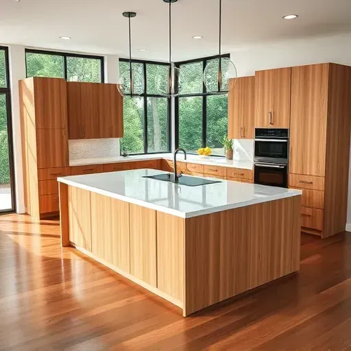 Freshly installed modern Jacksonville kitchen with quartz island, warm wood cabinets, pendant lighting, hardwood floors, and lush garden views
