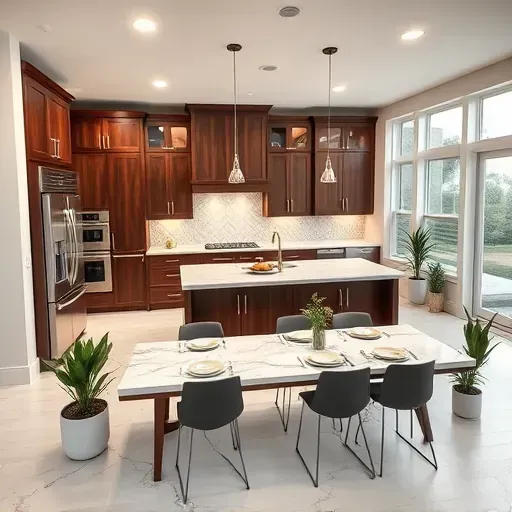 Stunning modern kitchen remodel in Orange Park, FL with dark wood cabinets, marble countertops, and stainless steel appliances.