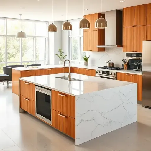 Modern upscale kitchen with a marble-topped island, stainless steel appliances, warm wood cabinetry, natural light, and stylish decor