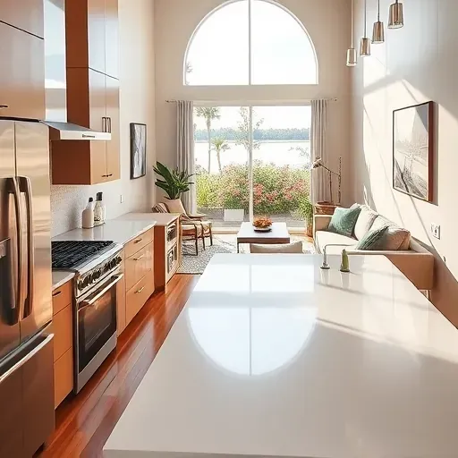 Completed home remodeling in Lakeside, FL features a modern kitchen and cozy living room with natural light and serene views.