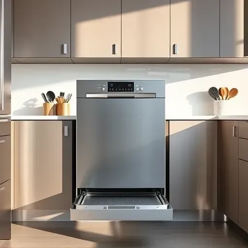 Seamlessly integrated modern stainless steel dishwasher in a sleek contemporary kitchen with natural light and stylish decor