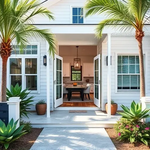 Modern coastal home in Amelia Island, FL with white siding, navy accents, lush landscaping, and inviting porch decor.