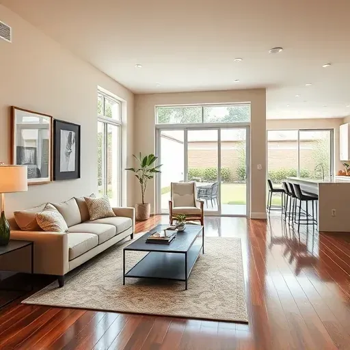 Modern living room in Hilliard, FL with neutral decor, natural light, and integrated kitchen, featuring elegant design.