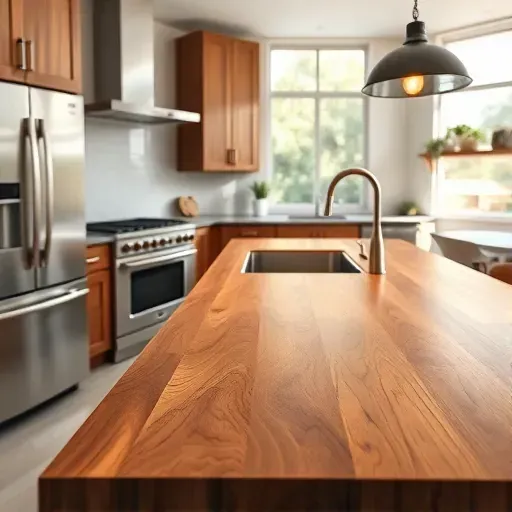 Beautiful polished butcher block countertop with natural wood grain in modern Jacksonville kitchen with stainless steel appliances