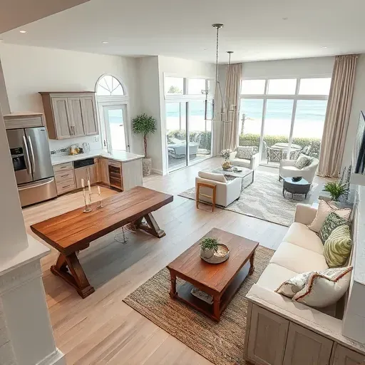 Beautiful coastal home remodeling in St. Augustine Beach featuring modern interiors, serene patio, and elegant design elements.