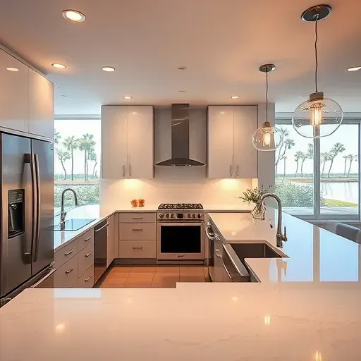 Finished modern Jacksonville kitchen with sleek lighting, pendant lamps, recessed lights, polished surfaces, and sunny window views