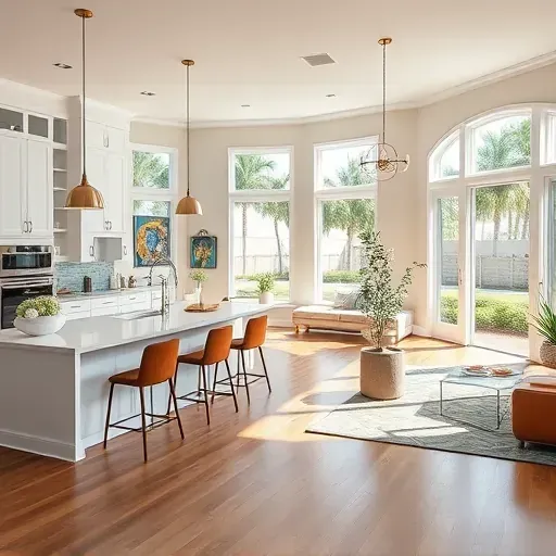 Stunning open-concept living area with modern kitchen, bright decor, natural light, and Florida-style greenery.