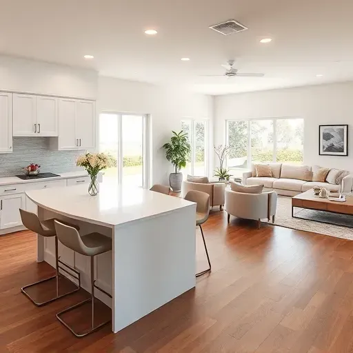 Modern kitchen remodel in Arlington FL with sleek cabinetry, quartz countertop, and spacious living area full of light.