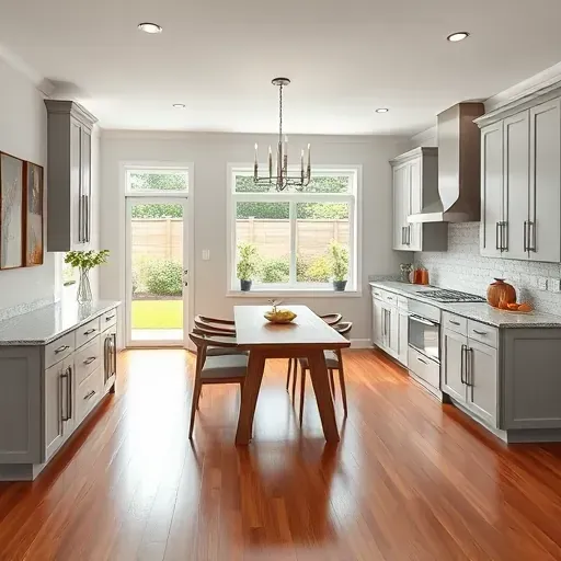 Renovated kitchen in Elkton FL with gray cabinetry, granite counters, open dining area, and garden view. Elegant design.